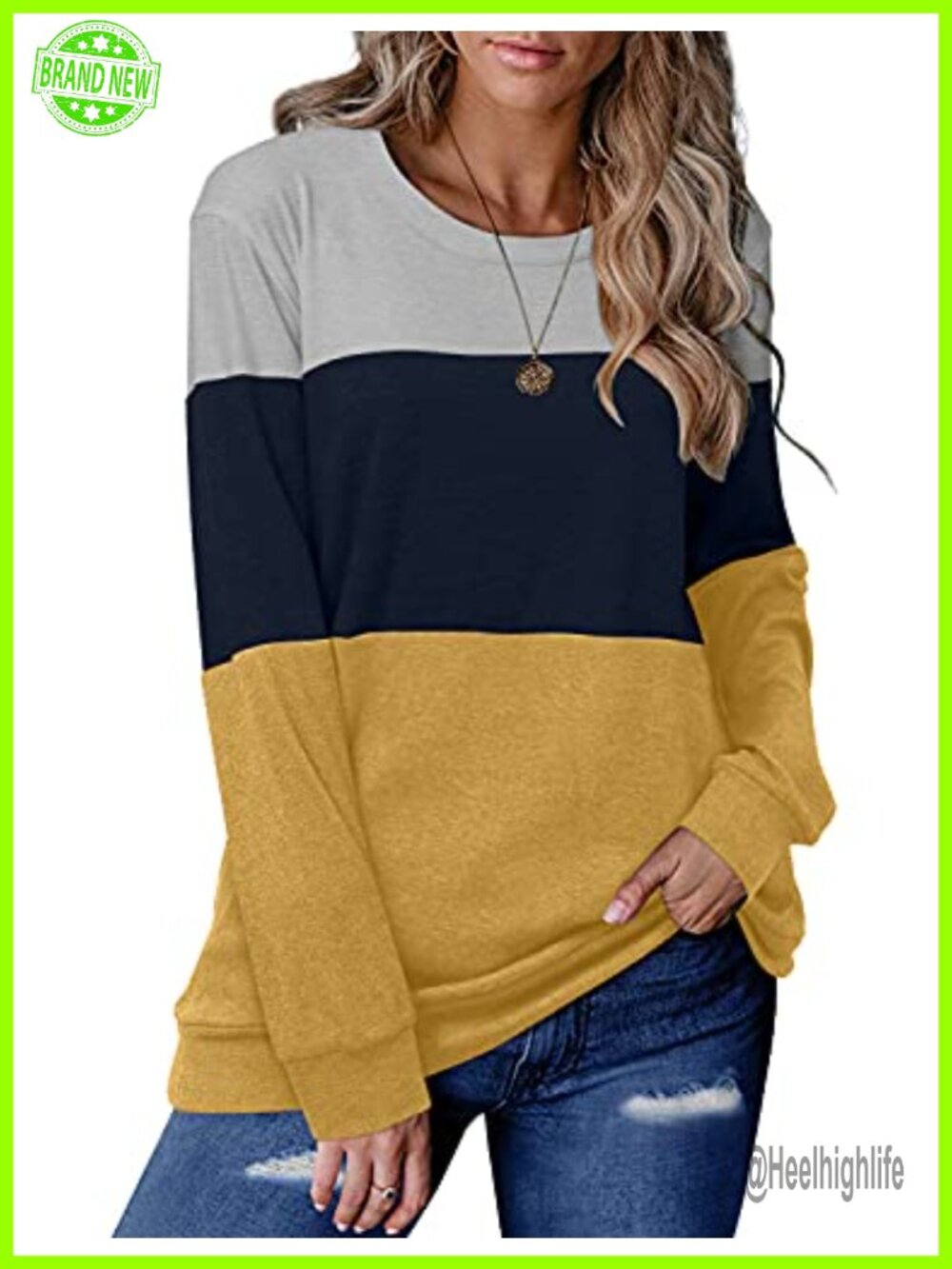 Long Sleeve Crewneck Color Block Sweatshirt Loose Fit Casual Top